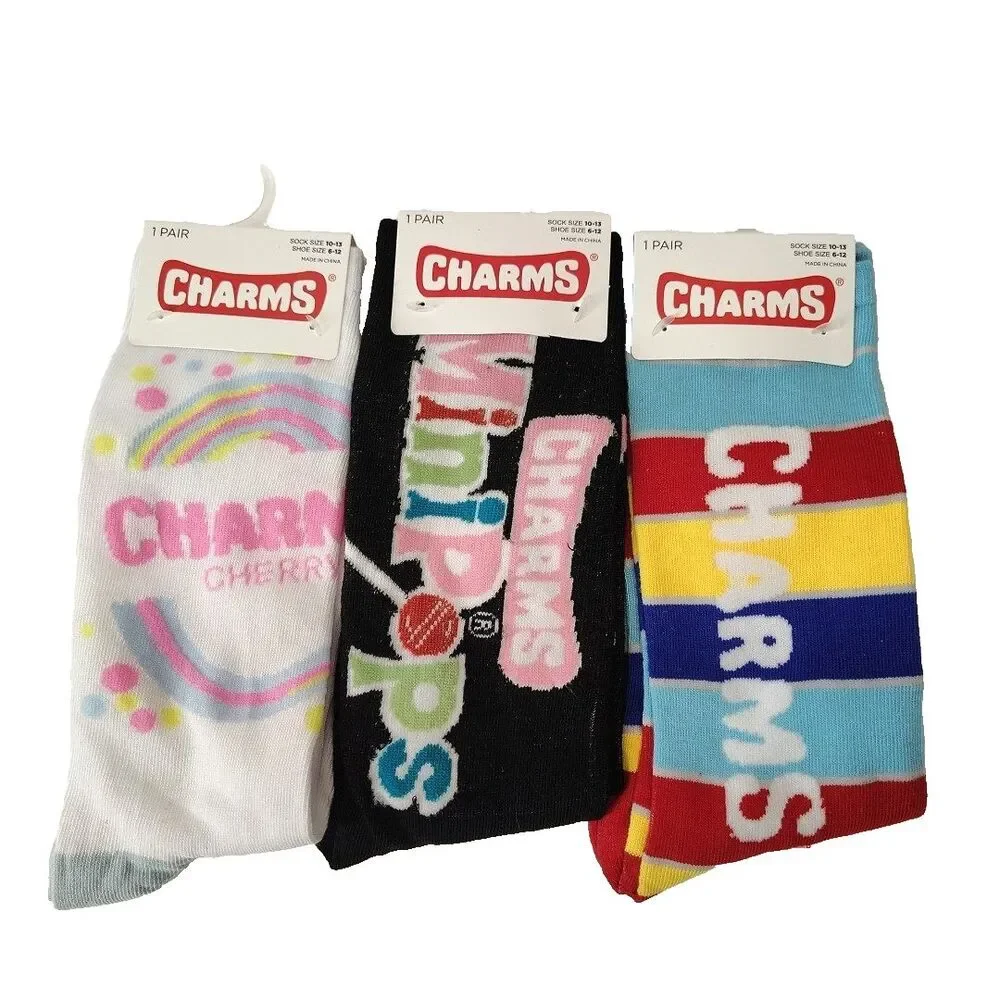 Charms Lollipop 3-pair Candy Food Novelty Mens Adult Size 6-12 Crew Socks NWT